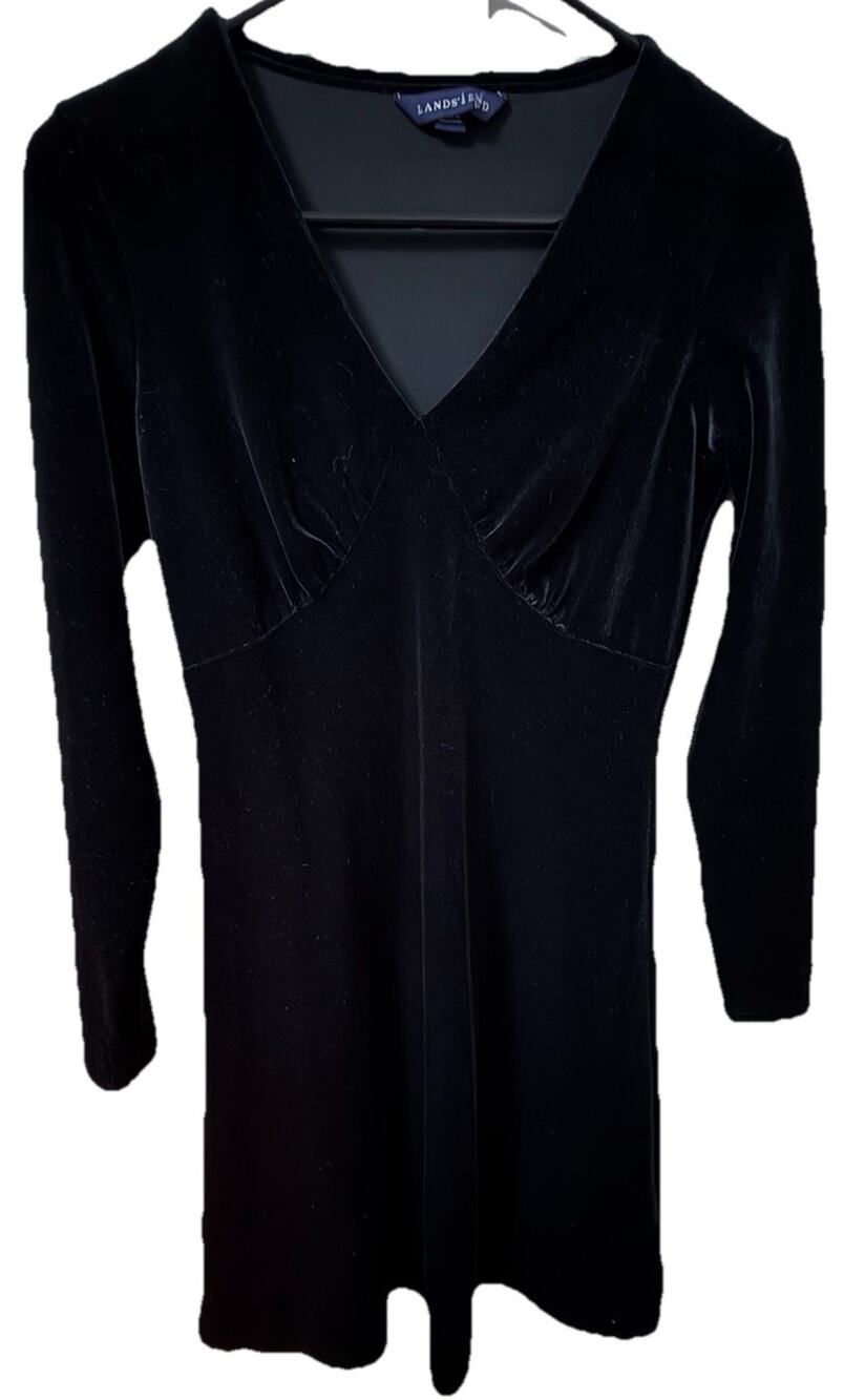 LANDS’ END Women’s Midi Velvet Black Dress V-Neck Romantic Holiday Size 2-4